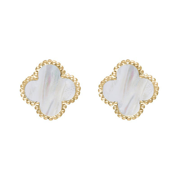 9ct Yellow Gold WHITE MOP Bloom Four Leaf Clover Ball Edge Stud Earrings, E2600