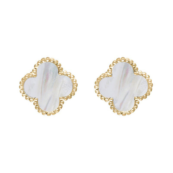 9ct Yellow Gold WHITE MOP Bloom Four Leaf Clover Ball Edge Stud Earrings, E2600