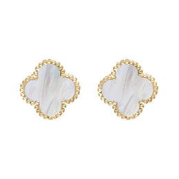9ct Yellow Gold WHITE MOP Bloom Four Leaf Clover Ball Edge Stud Earrings, E2600