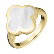 9ct Yellow Gold WHITE MOP Bloom Four Leaf Clover Ring, R1182