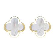 9ct Yellow Gold WHITE MOP Bloom Four Leaf Clover Stud Earrings