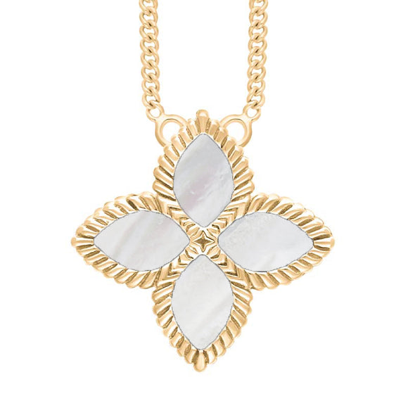 9ct Yellow Gold WHITE MOP Bloom Large Marquise Flower Necklace