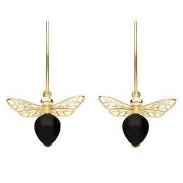 9ct Yellow Gold Whitby Jet Bee Small Hook Earrings, E2438.