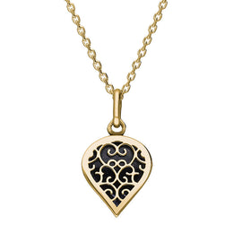 9ct Yellow Gold Blue Goldstone Flore Filigree Small Heart Necklace. P3629.