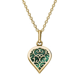 9ct Yellow Gold Malachite Flore Filigree Small Heart Necklace. P3629.