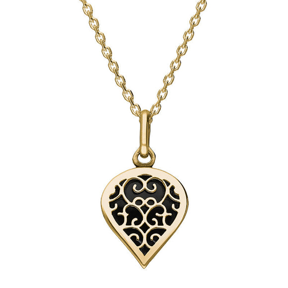 9ct Yellow Gold Whitby Jet Flore Filigree Small Heart Necklace. P3629.