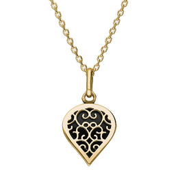 9ct Yellow Gold Whitby Jet Flore Filigree Small Heart Necklace. P3629.