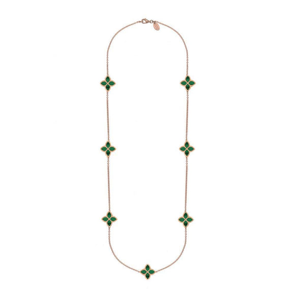 9ct Rose Gold Malachite Bloom Long Flower Ball Edge Necklace, N1157