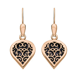 9ct Rose Gold Blue Goldstone Flore Filigree Heart Drop Earrings. E2588.