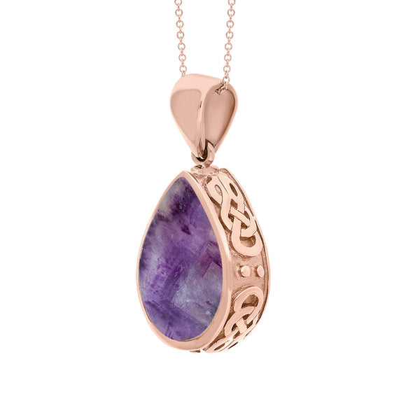 9ct Rose Gold Blue John White Mother Of Pearl Double Sided Celtic Edge Pear Cut Fob Necklace, P410_3.