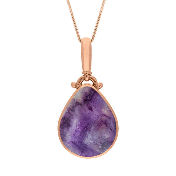 9ct Rose Gold Blue John Mother of Pearl Double Sided Pear Fob Necklace, P056.