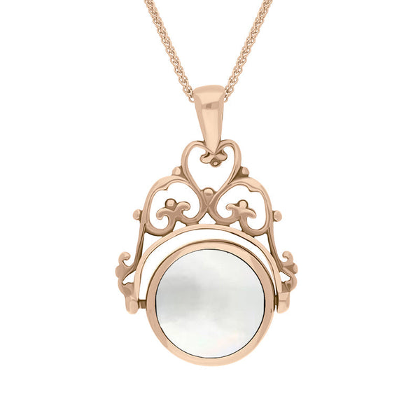 9ct Rose Gold Blue John Mother Of Pearl Double Sided Round Swivel Fob Necklace, P110_2.