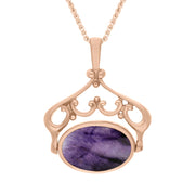 9ct Rose Gold Blue John Mother Of Pearl Ornate Double Sided Oval Swivel Fob Necklace, P116_8.