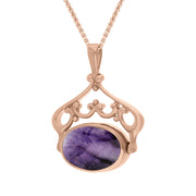 9ct Rose Gold Blue John Mother Of Pearl Ornate Double Sided Oval Swivel Fob Necklace, P116_8_3.