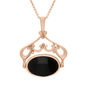 9ct Rose Gold Blue John Whitby Jet Ornate Double Sided Oval Swivel Fob Necklace, P116_8.