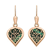 9ct Rose Gold Malachite Flore Filigree Heart Drop Earrings. E2588.