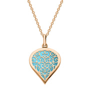 9ct Rose Gold Turquoise Flore Filigree Medium Heart Necklace. P3630.