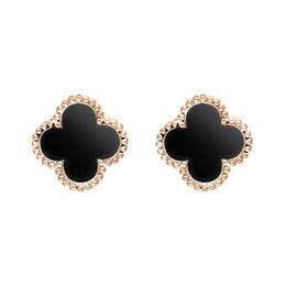 9ct Rose Gold Whitby Jet Bloom Four Leaf Clover Ball Edge Stud Earrings, E2600