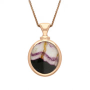 9ct Rose Gold Whitby Jet Blue John Small Double Sided Oval Fob Necklace, P219.