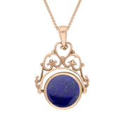 9ct Rose Gold Whitby Jet Lapis Lazuli Double Sided Round Swivel Fob Necklace, P110_2.