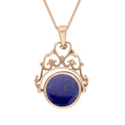 9ct Rose Gold Whitby Jet Lapis Lazuli Double Sided Round Swivel Fob Necklace, P110_2.