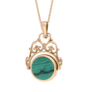 9ct Rose Gold Whitby Jet Malachite Double Sided Round Swivel Fob Necklace, P110_2_3.