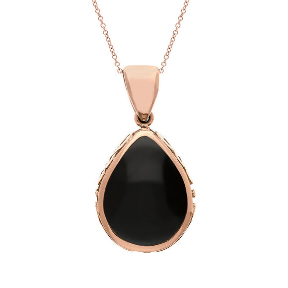 9ct Rose Gold Whitby Jet White Mother Of Pearl Double Sided Celtic Edge Pear Cut Fob Necklace, P410_2.
