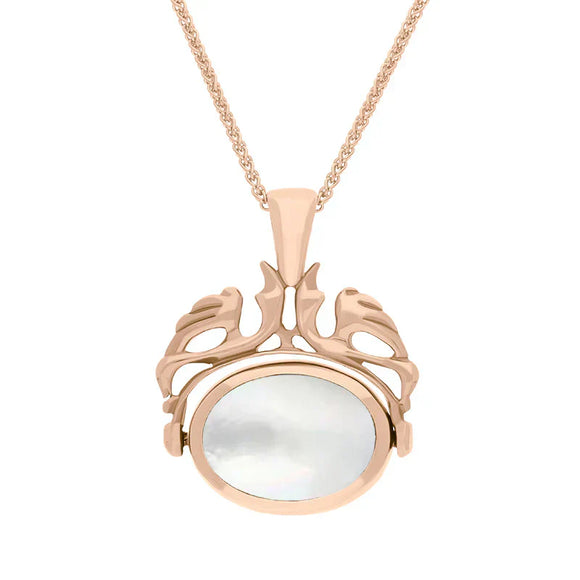 9ct Rose Gold Whitby Jet Mother Of Pearl Double Sided Oval Swivel Fob Necklace, P104_4.
