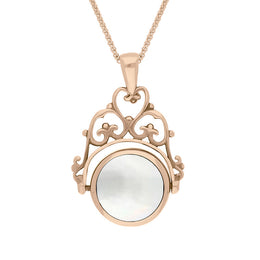 9ct Rose Gold Whitby Jet Mother Of Pearl Double Sided Round Swivel Fob Necklace, P110_2_2.