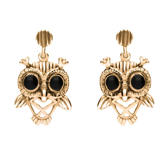 9ct Rose Gold Whitby Jet Owl Stud Earrings E2329