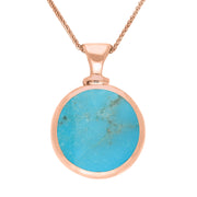 9ct Rose Gold Whitby Jet Turquoise Double Sided Round Dinky Fob Necklace, P218.