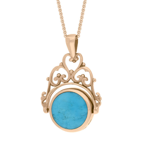 9ct Rose Gold Whitby Jet Turquoise Double Sided Round Swivel Fob Necklace, P110_2_3.