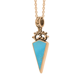 9ct Rose Gold Whitby Jet Turquoise Double Sided Scroll Top Dagger Fob Necklace, P423_3.