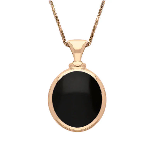 9ct Rose Gold Whitby Jet White Mother Of Pearl Small Double Sided Oval Fob Necklace, P219.