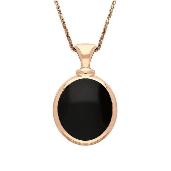9ct Rose Gold Whitby Jet White Mother Of Pearl Small Double Sided Oval Fob Necklace, P219.