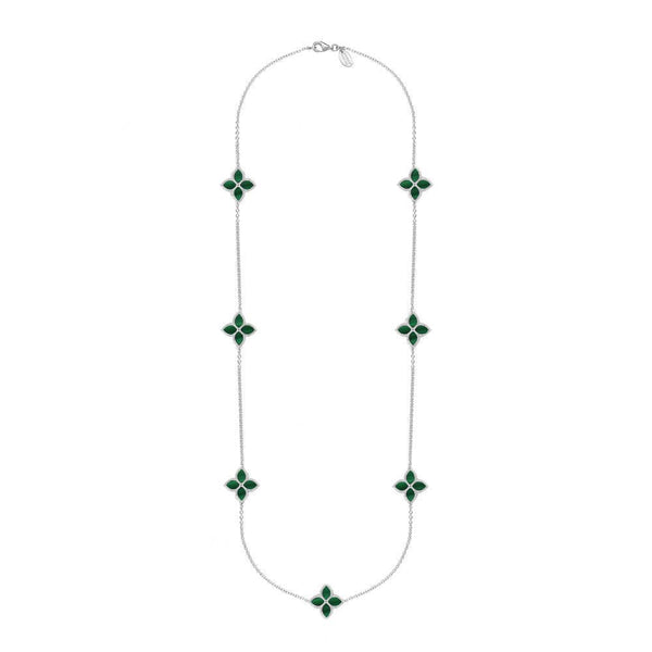 9ct White Gold Malachite Bloom Long Flower Ball Edge Necklace, N1157