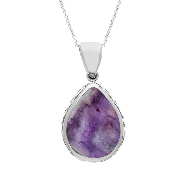 9ct White Gold Blue John White Mother Of Pearl Double Sided Celtic Edge Pear Cut Fob Necklace, P410.