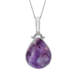 9ct White Gold Blue John Mother of Pearl Double Sided Pear Fob Necklace, P056_1.