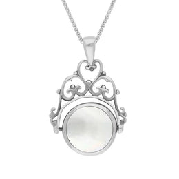 9ct White Gold Blue John Mother Of Pearl Double Sided Round Swivel Fob Necklace, P110_2.