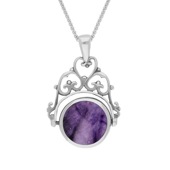 9ct White Gold Blue John Mother Of Pearl Double Sided Round Swivel Fob Necklace, P110_2_2.