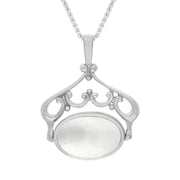 9ct White Gold Blue John Mother Of Pearl Ornate Double Sided Oval Swivel Fob Necklace, P116_8_2.