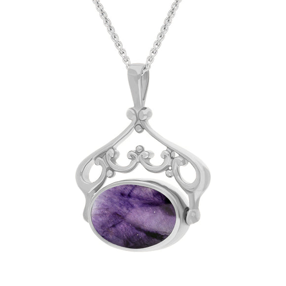 9ct White Gold Blue John Mother Of Pearl Ornate Double Sided Oval Swivel Fob Necklace, P116_8_3.