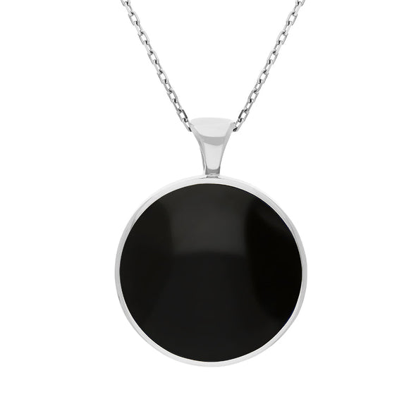 9ct White Gold Blue John Whitby Jet Large Double Sided Round Fob Necklace, P012.