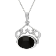 9ct White Gold Blue John Whitby Jet Ornate Double Sided Oval Swivel Fob Necklace, P116_8_3.
