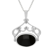 9ct White Gold Blue John Whitby Jet Ornate Double Sided Oval Swivel Fob Necklace, P116_8.