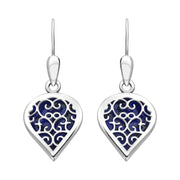 9ct White Gold Lapis Lazuli Flore Filigree Heart Drop Earrings. E2588.