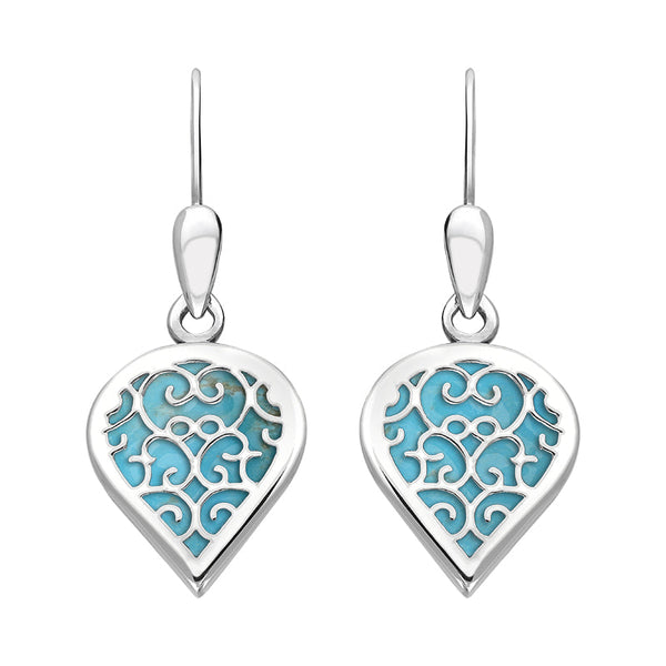 9ct White Gold Turquoise Flore Filigree Heart Drop Earrings. E2588.