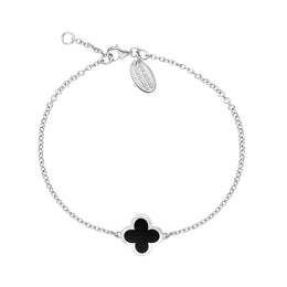 9ct White Gold Whitby Jet Bloom Four Leaf Clover Polished Edge Bracelet, B1270