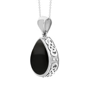 9ct White Gold Whitby Jet Blue John Double Sided Celtic Edge Pear Cut Fob Necklace, P410_3.