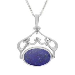 9ct White Gold Whitby Jet Lapis Lazuli Ornate Double Sided Oval Swivel Fob Necklace, P116_8.